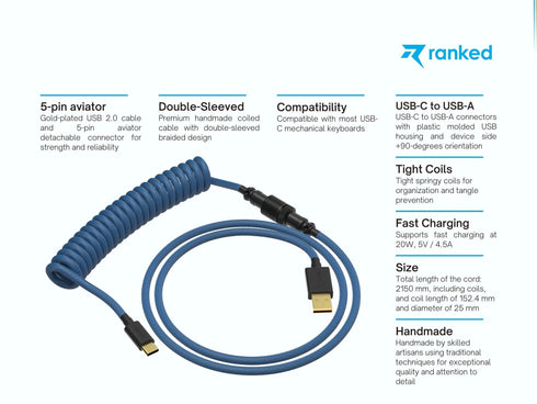 Coiled Keyboard Cable | 5-Pin Aviator Connector - Ranked